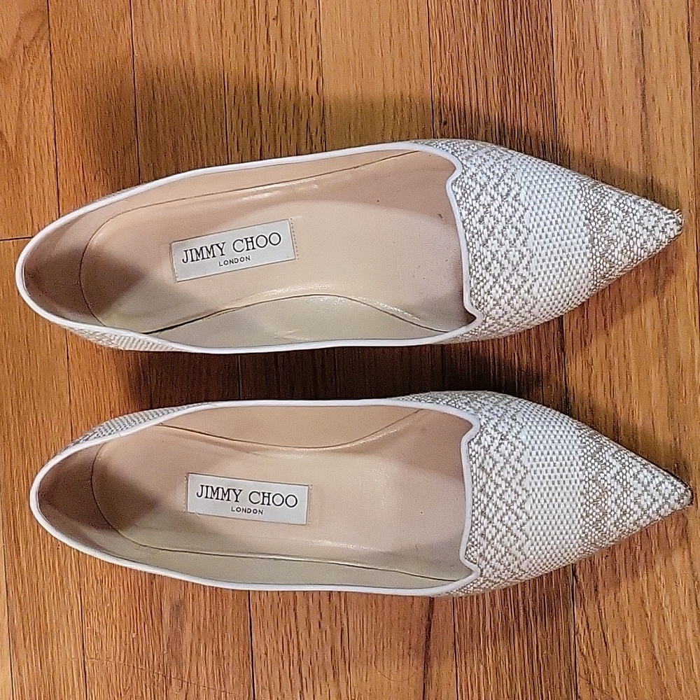 JIMMY CHOO Shoes Pumps Heels Rafia Pointed Toe Cream Sz 39.5 ITALY 🇮🇹